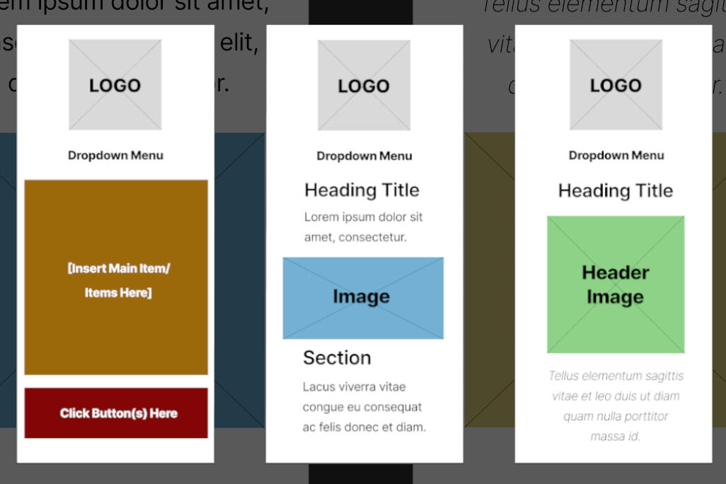 Wireframe design preview of multiple pages for a website